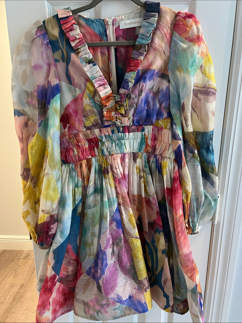 Zimmermann Kids Multicolor Watercolor Ruffle V-Neck Dress